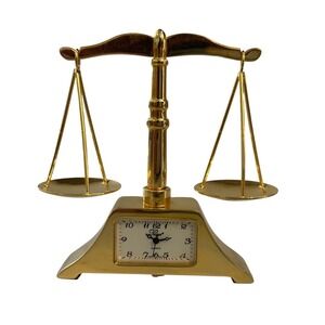 Vintage Gold Scales of Justice Miniature Desk Clock Quartz Legal Decor Law Gift